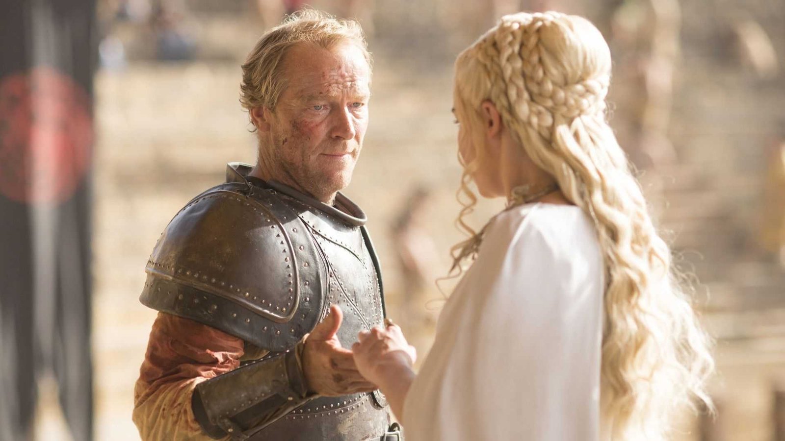 Jorah Mormont holding Dany's hand