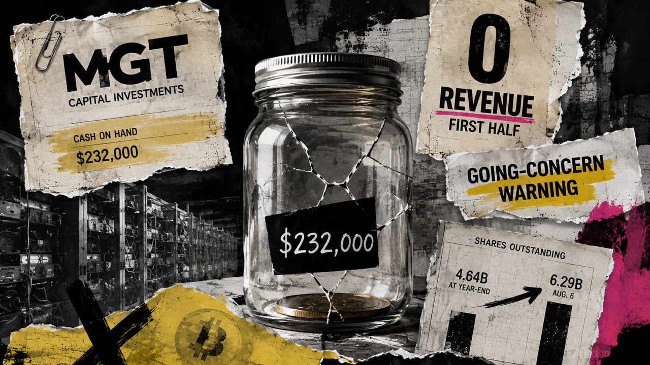 zero revenue 35 crated rigs and 1 65 billion new shares how mgt is buying time MGT is sitting on $232,000 in cash. Over a span of just over seven months, it tacked roughly 1.65 billion common shares onto its count. The two figures appear in the same filing, and the share issuance is the only reason the cash line hasn't gone to zero.