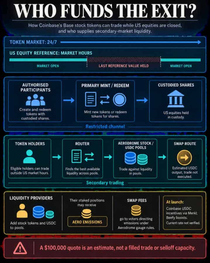 Flowchart of eligible stock-token trading beside closed US equity markets, restricted mint and redemption, Aerodrome liquidity, AERO emissions and swap fees.