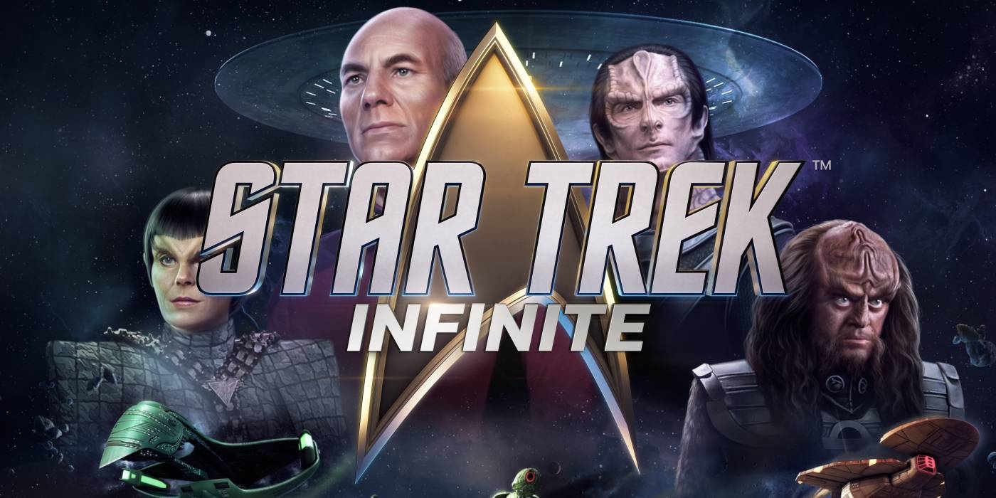 Toreth, Picard, and Gowron are flanked by the Enterprise in key art from Star Trek: Infinite. Superimposed over them is the game's logo, a gold delta insignia with the title on top of it.