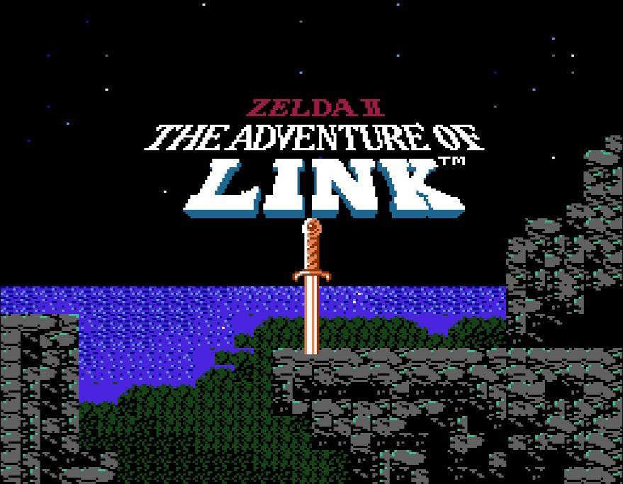 The title screen for Zelda 2: The Adventure of Link, featuring the title behind the Master Sword, which is embedded on a rocky cliff.