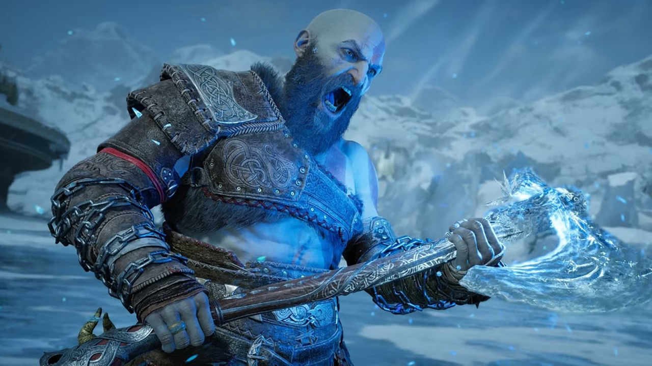 Kratos shouting while wielding glowing axe in God of War_ Ragnarok