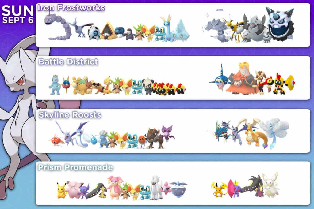 An infographic with Mega Mewtwo Y that shows the various spawns for Sunday's Go Tour Finale event.