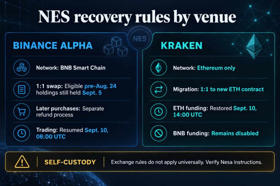 NES Is Trading Again on Binance and Kraken — Under Two Recovery Rulebooks That Barely Agree 28 Comparison of NES recovery rules: Binance Alpha uses snapshot-based swaps and refunds on BNB Smart Chain, while Kraken supports Ethereum migration and leaves BNB funding disabled.
