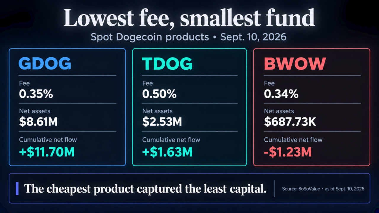 Dogecoin's Cheapest ETF Is Closing — Bitwise Pulls the Plug After Pricier Rivals Won 28 Comparison of GDOG, TDOG and BWOW fees, net assets and cumulative net flows as of Sept. 10, 2026, showing BWOW had the lowest fee but the smallest fund.