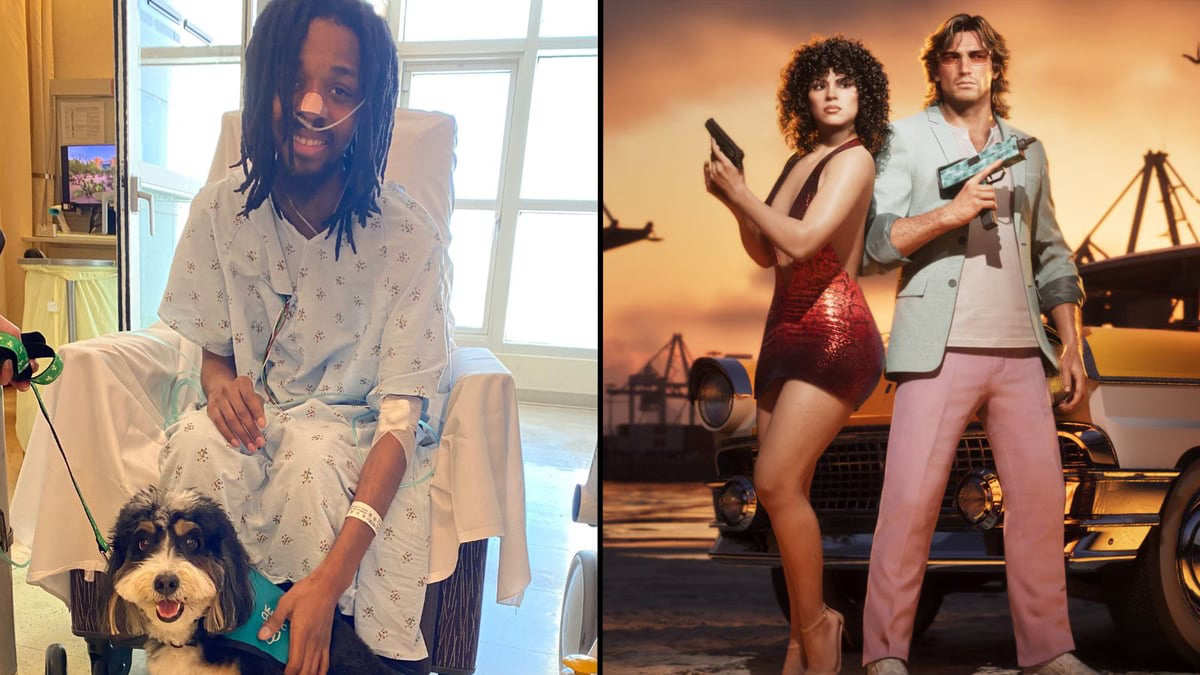Man in hospital gown alongside two characters from GTA 6