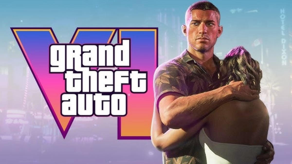 jason and lucia hugging with gta 6 logo