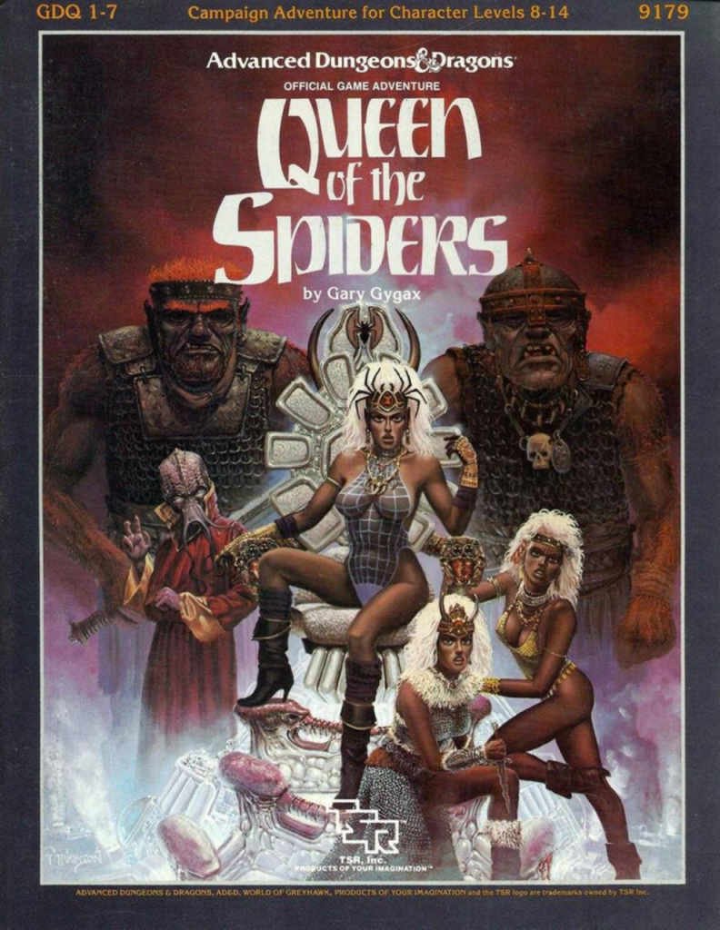 The Underdark Beckons: Clues Point to D&D's Return to the Deep 29 The cover illustration for the Queen of the Spiders compiled campaign for D&D, depicting drow priestess on a throne, a mind flayer, and some bugbears