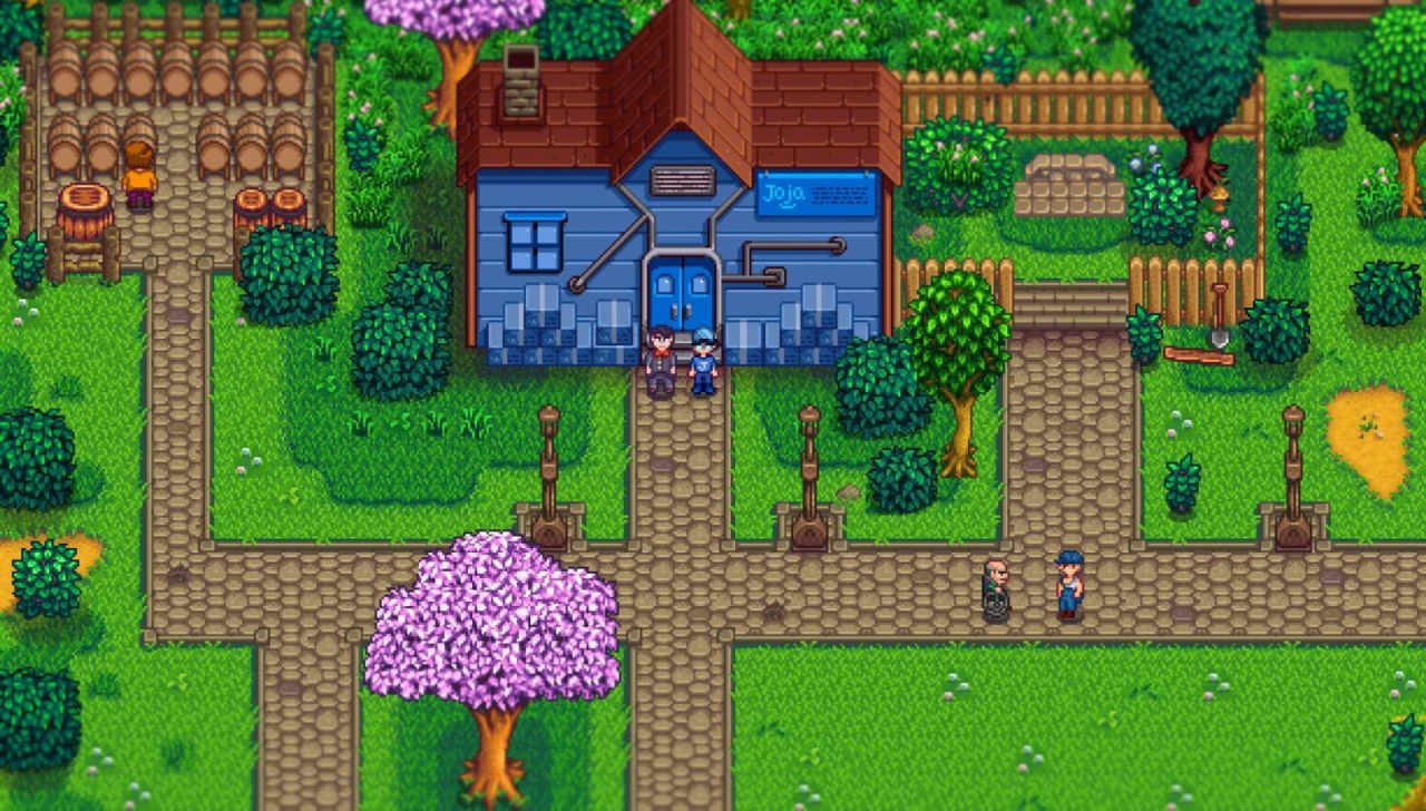 The Farming Sim Is Waking Up: Horror, Dungeons and Dead Neighbors 28 An image of the Stardew Valley Expanded mod that shows a character standing in front of a Joja Mart store using the base game of Stardew Valley.