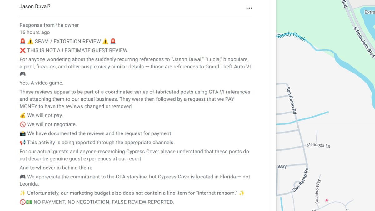 Cypress Cove Pushes Back as GTA 6 Fans Bury the Florida Nudist Resort in Fake Reviews 28 Screenshot of response from Cypress Cove Nudist Resort to GTA 6 fans