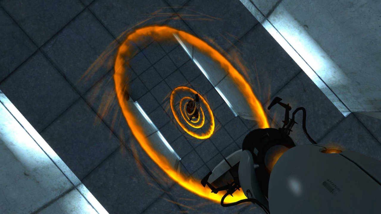 The player falling down an infinite loop of orange portals in Portal.