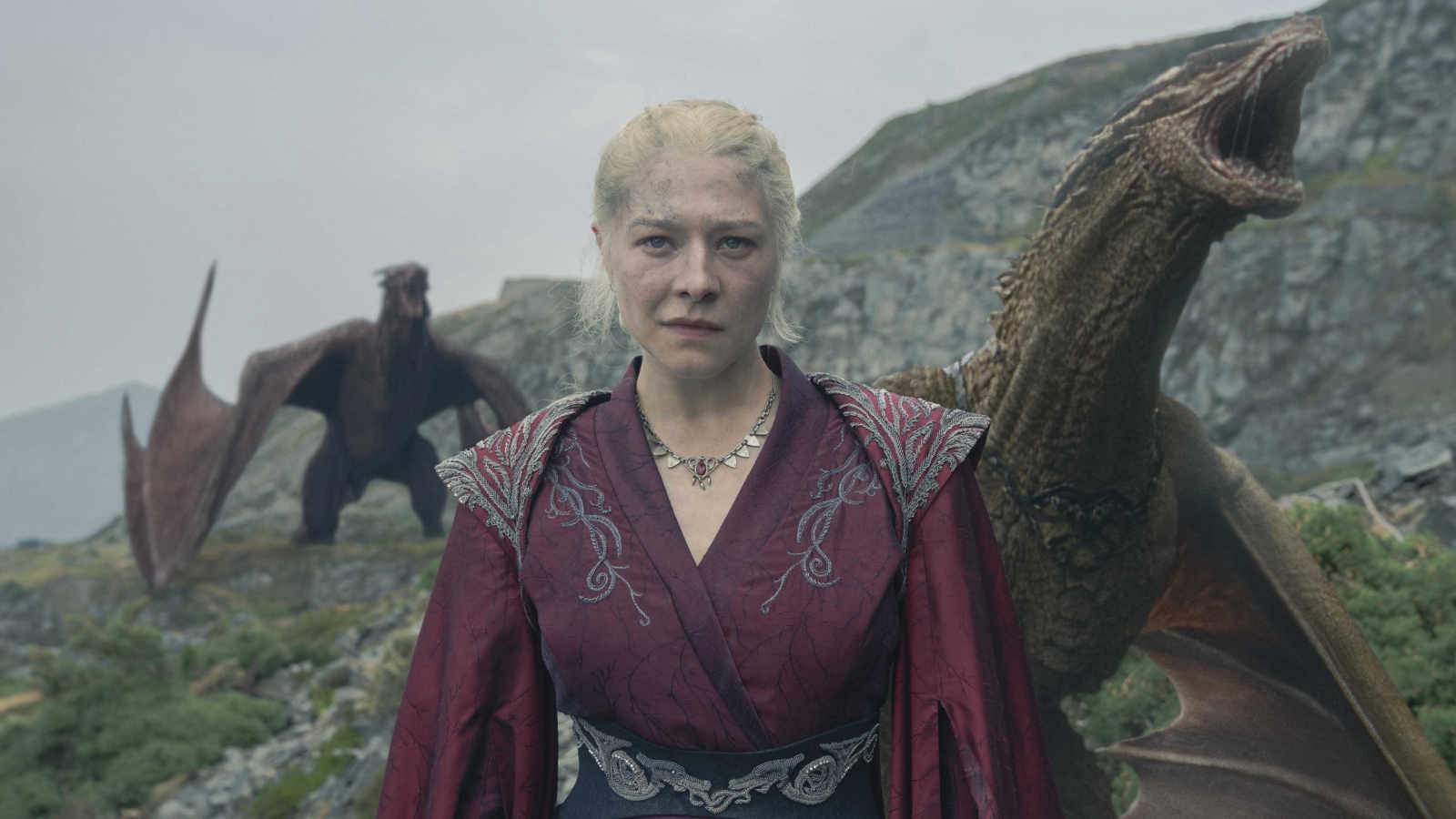 Rhaenyra with two dragons in House of the Dragon