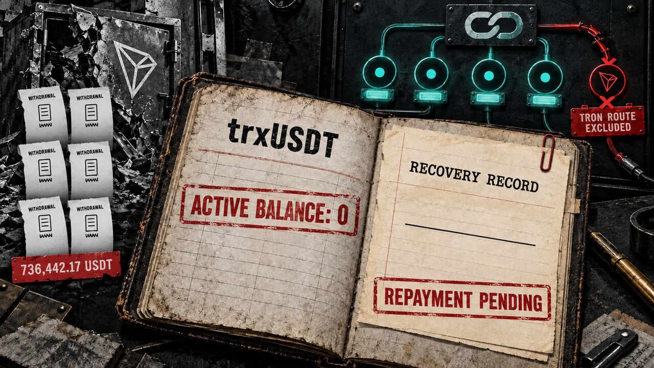 Editorial collage of Chainflip’s TRON USDT recovery, showing six duplicate withdrawals, a zeroed active balance, and a separate pending repayment record.