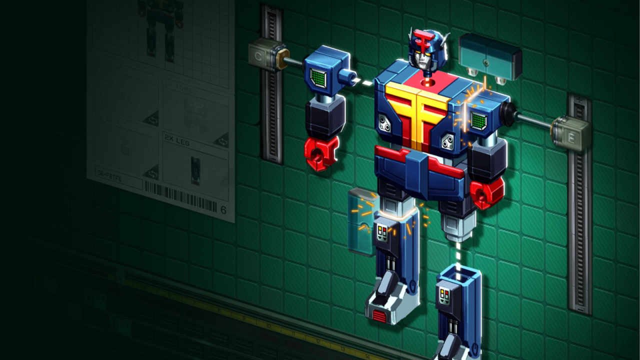 Artwork shows a Transformers-like character being built in Kaizen: A Factory Story