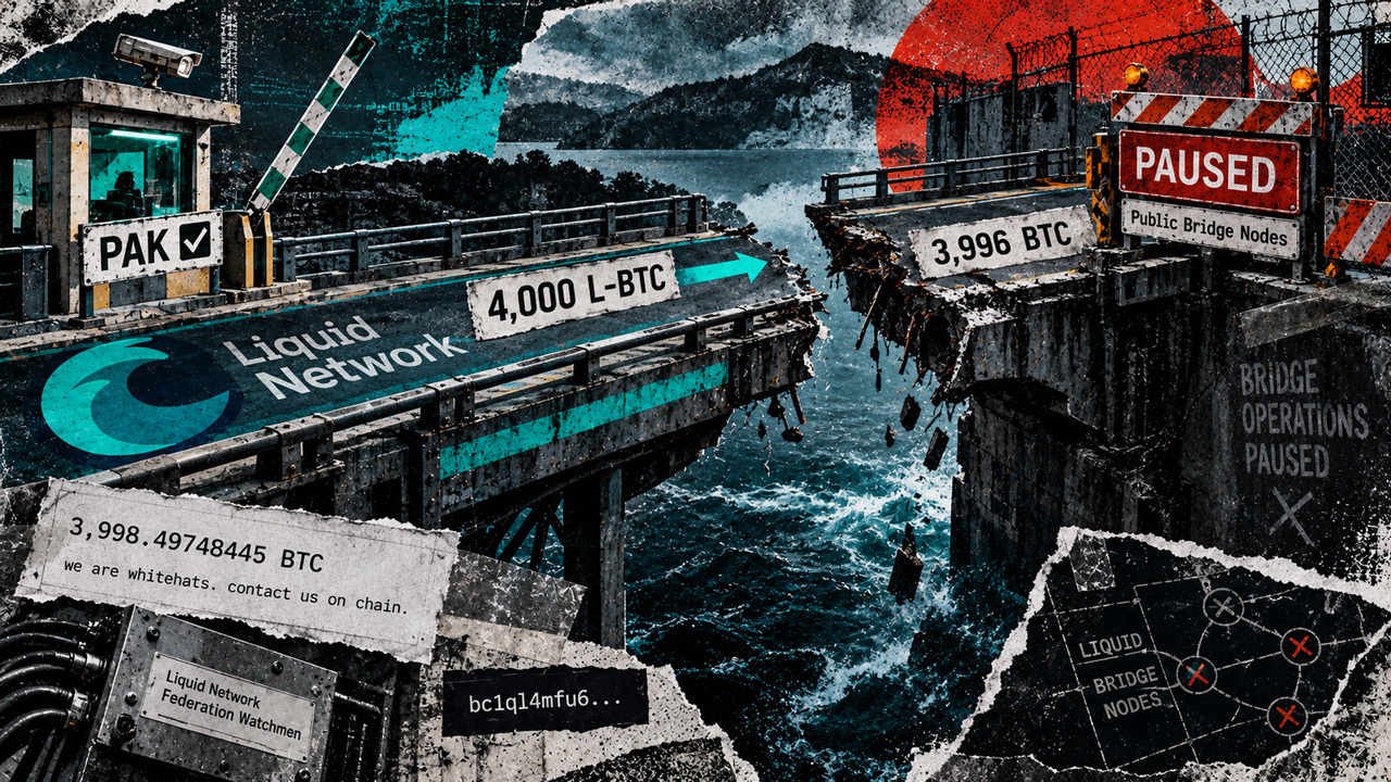 liquid network frozen after 320m bitcoin peg out and the whitehat wont return it until every node is patched Blockchain security firm Bitslab points to one figure worth dwelling on: at least 11 of Liquid's 15 functionaries put their signatures on the transaction. No key was stolen, in other words. Eleven separate signers reviewed the same withdrawal, and every one of them approved it.