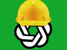 a photo illustration of the ChatGPT logo wearing a yellow hard hat.