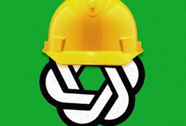 a photo illustration of the ChatGPT logo wearing a yellow hard hat.