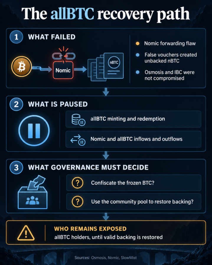 Decision flow showing the Nomic forwarding flaw, paused allBTC functions, governance choices and holder exposure