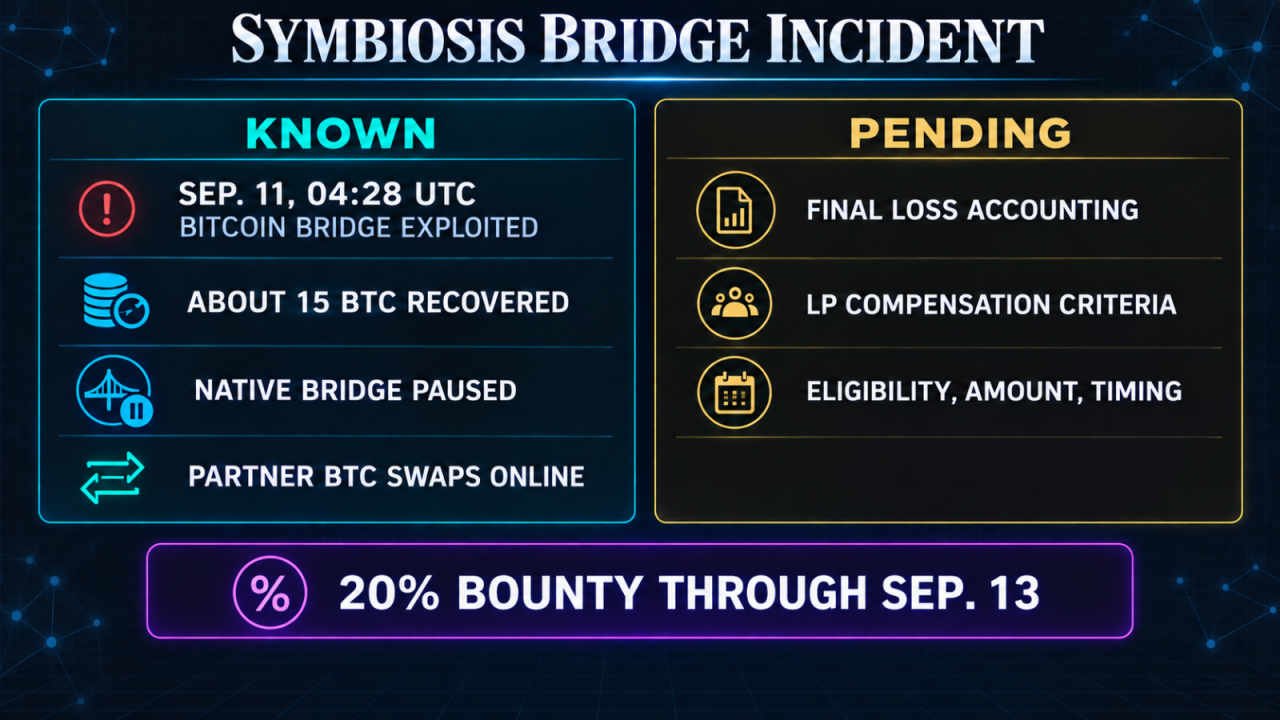 Symbiosis bridge incident status graphic showing about 15 BTC recovered, the native bridge paused, partner swaps online, and final loss and compensation terms pending.