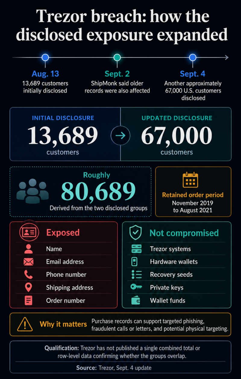 Infographic showing Trezor's Aug. 13 disclosure of 13,689 affected customers, another approximately 67,000 disclosed on Sept. 4, the retained 2019 to 2021 order period, exposed contact and shipping fields, and systems and wallet secrets not compromised.