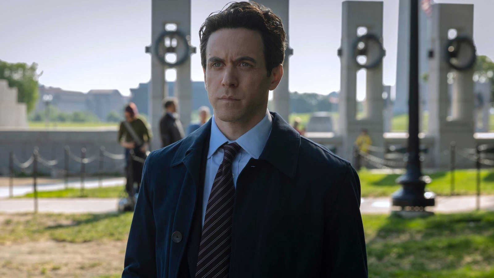 Ashley Zukerman as Daniel looking serious in Silo season 3