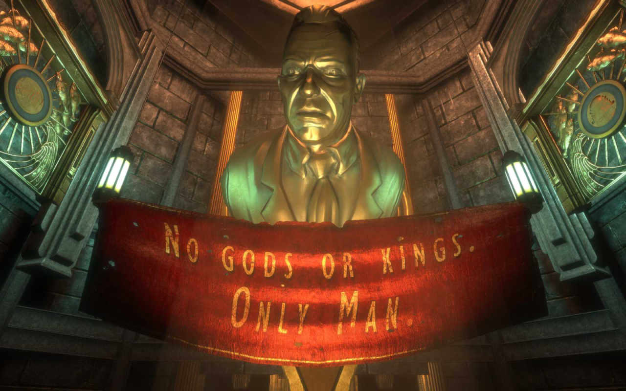 A memorable scene from the original BioShock: the bronze bust of Rapture city founder Andrew Ryan, cloaked by a banner saying “No Gods or Kings, Only Man.”