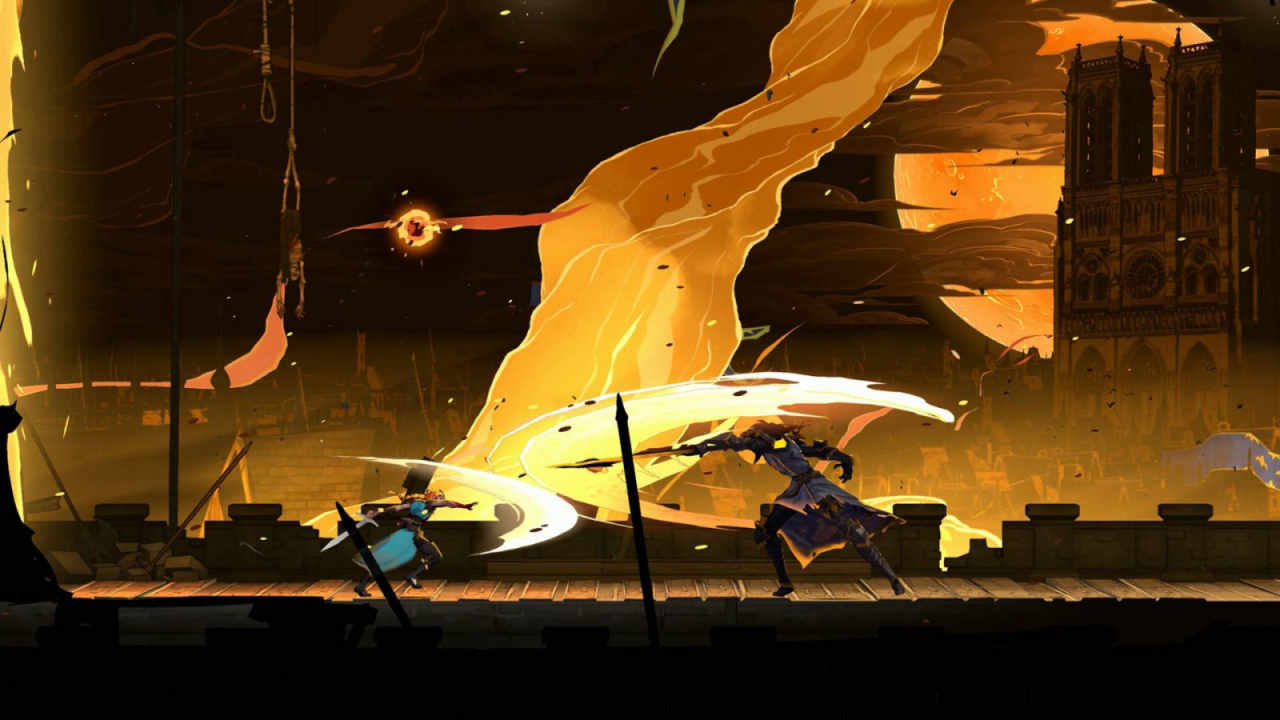 Rose Belmont classhing swords with Joan of Arc in front of a flaming Paris.