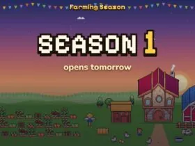 Farming Season Season 1 artwork: a pixel-art farm with a red barn, crops and animals at sunset