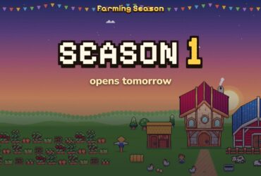 Farming Season Season 1 artwork: a pixel-art farm with a red barn, crops and animals at sunset