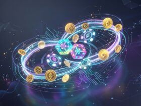 Glowing dice, casino chips, and cryptocurrency coins floating inside futuristic digital neon rings