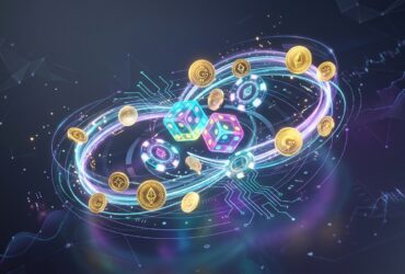 Glowing dice, casino chips, and cryptocurrency coins floating inside futuristic digital neon rings