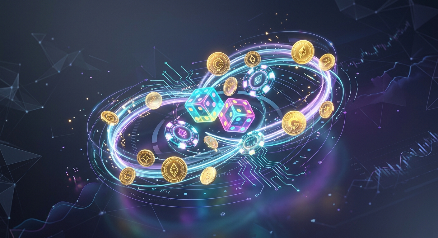 Glowing dice, casino chips, and cryptocurrency coins floating inside futuristic digital neon rings