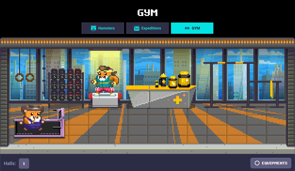 RollerCoin Hamster Gym interface displaying training equipment, Hamsters, and briefly the Trainer Area.