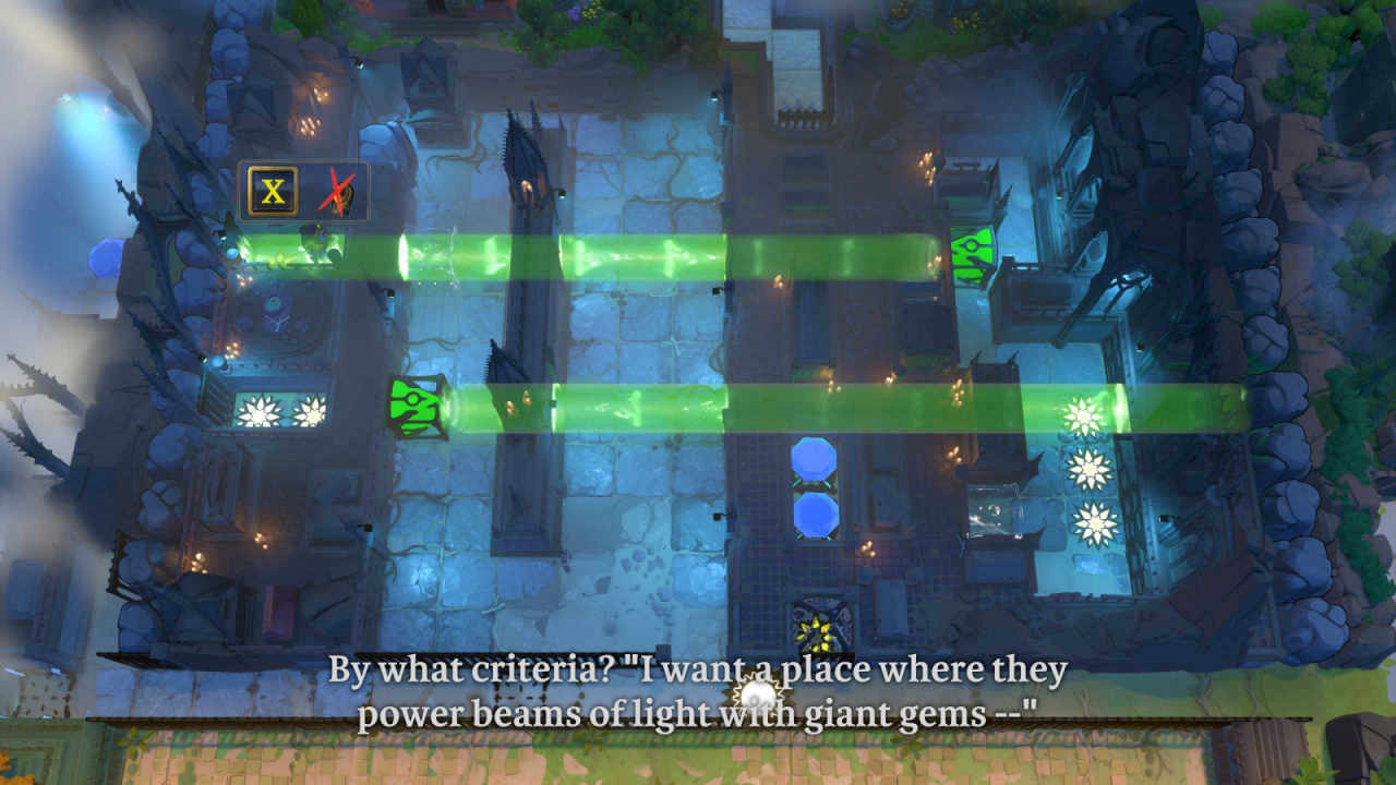 A puzzle room with two green beamcasters in Order of the Sinking Star