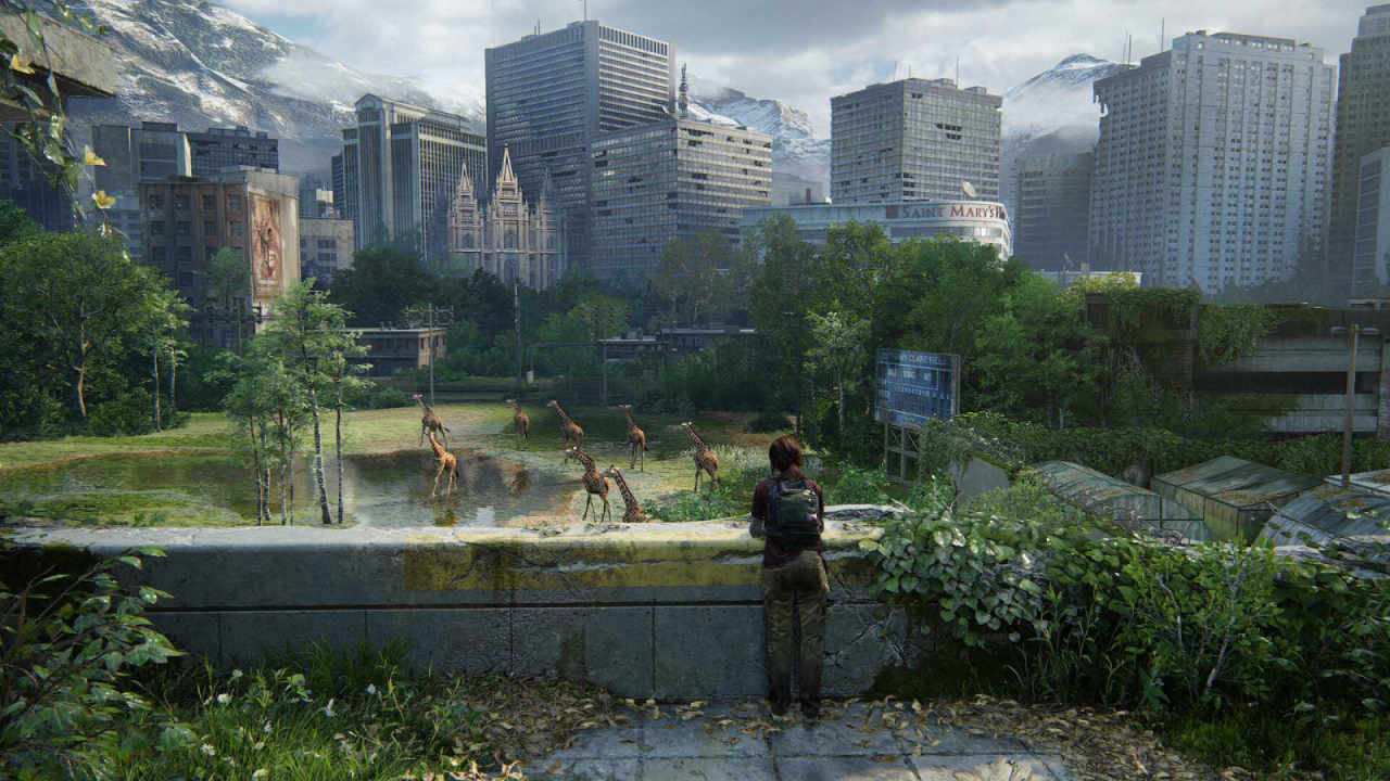 Ellie watches a herd of giraffe in a overgrown city in The Last of Us
