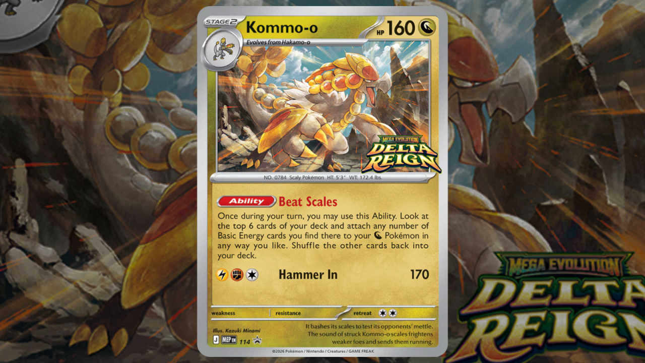 Pokémon TCG Delta Reign Prereleases Bring Four Fresh Promo Cards Starting Oct. 24 30 Kommo-o promo card for Pokemon TCG Delta Reign