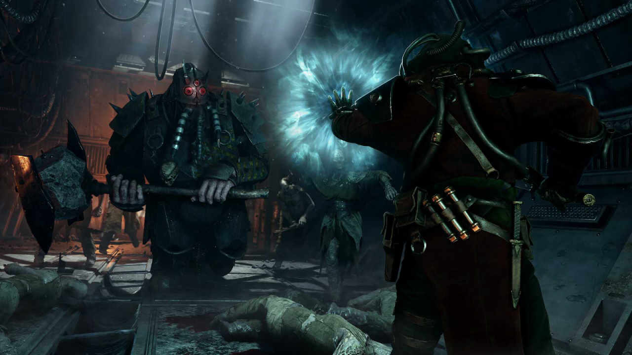 A psyker in Warhammer 40K: Darktide, is a robed figure channeling mind power. He is being approached by menacing, hulking figures with masks and boulders attached on poles haphazardly.